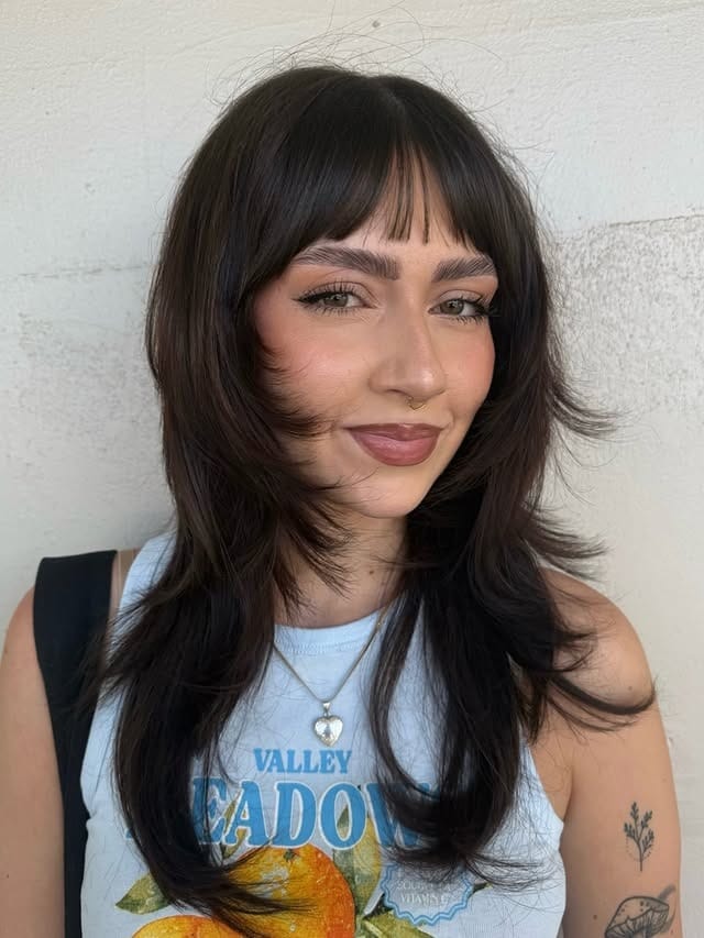 9. Choppy Layered Midi Cut with Dark Mocha Wispy Bangs - Layered Hair With Wispy Bangs