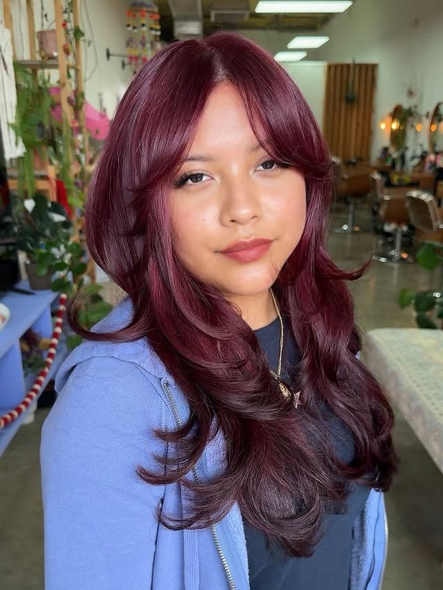 13. Burgundy Wine Butterfly Layers with Wispy Curtain Bangs - Layered Hair With Wispy Bangs