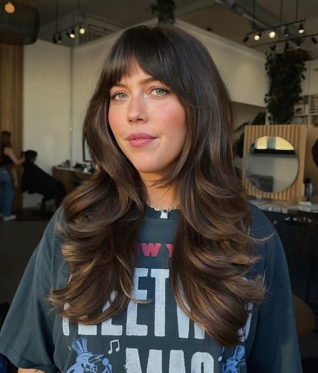 18. Chestnut Brown Layered Blowout with Wispy Bangs - Layered Hair With Wispy Bangs