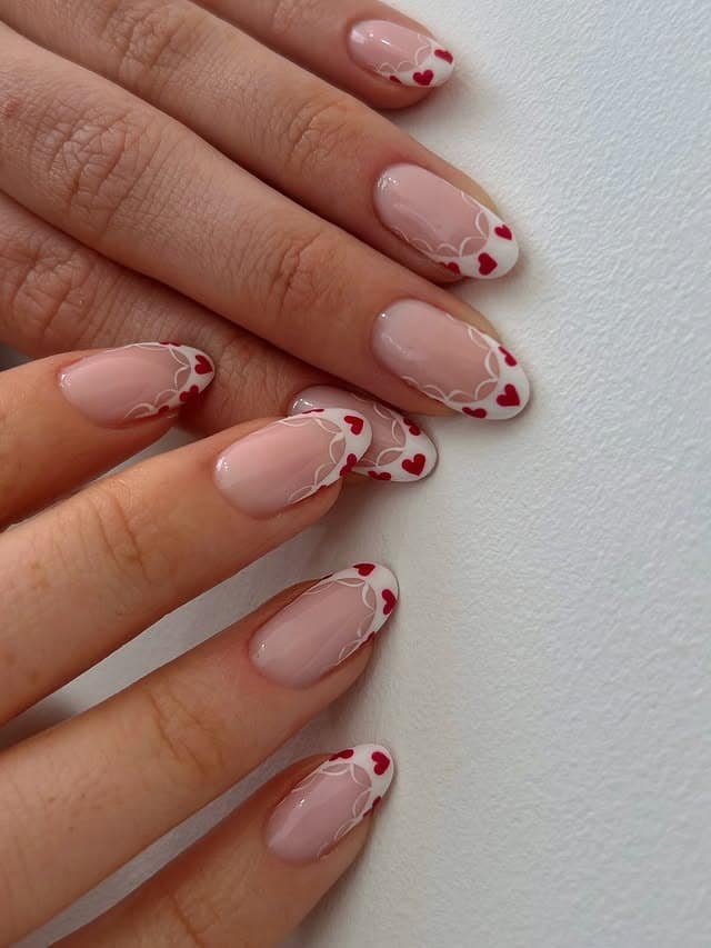 4. French Tip Heart Lace Almond Nails - heart nail ideas