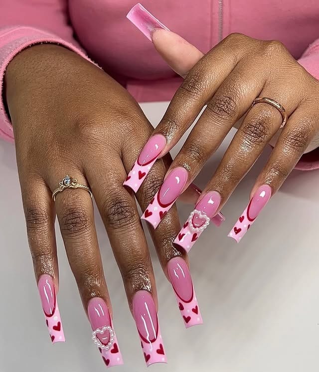 6. Pink Heart French Tip Coffin Nails - heart nail ideas