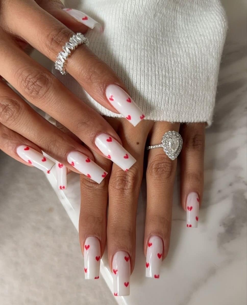 12. White Heart Confetti Coffin Nails - heart nail ideas