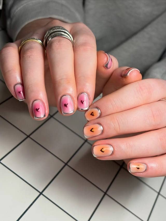 16. Chrome Outline Ombre Heart Short Nails - heart nail ideas
