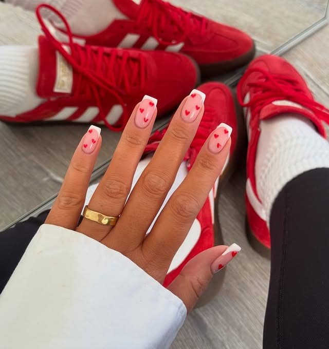 18. White Heart French Square Nails - heart nail ideas