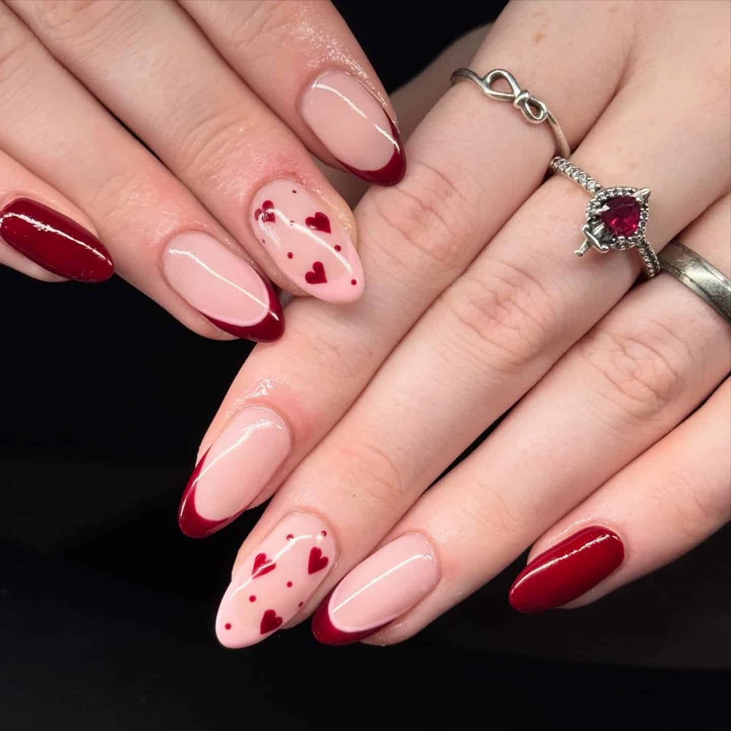 19. Burgundy Heart French Almond Nails - heart nail ideas
