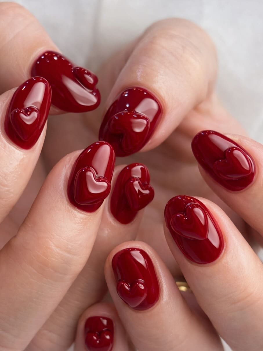 20. Glossy Cherry Red 3D Heart Nails - heart nail ideas