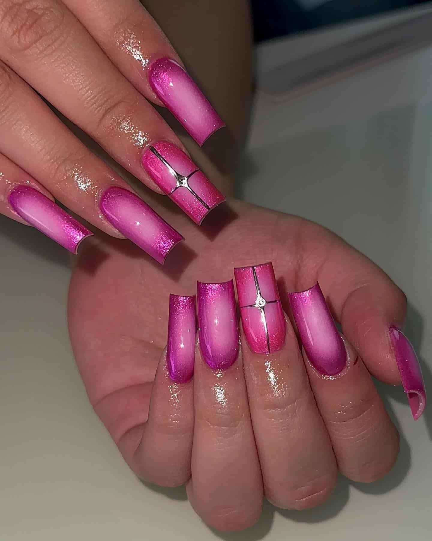 7. Pink Chrome Ombre Coffin Nails with Crystal Linework - hot pink nail ideas