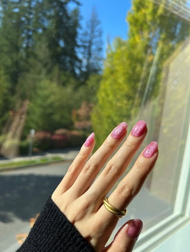 8. Rose Pink Glitter Short Almond Nails - hot pink nail ideas