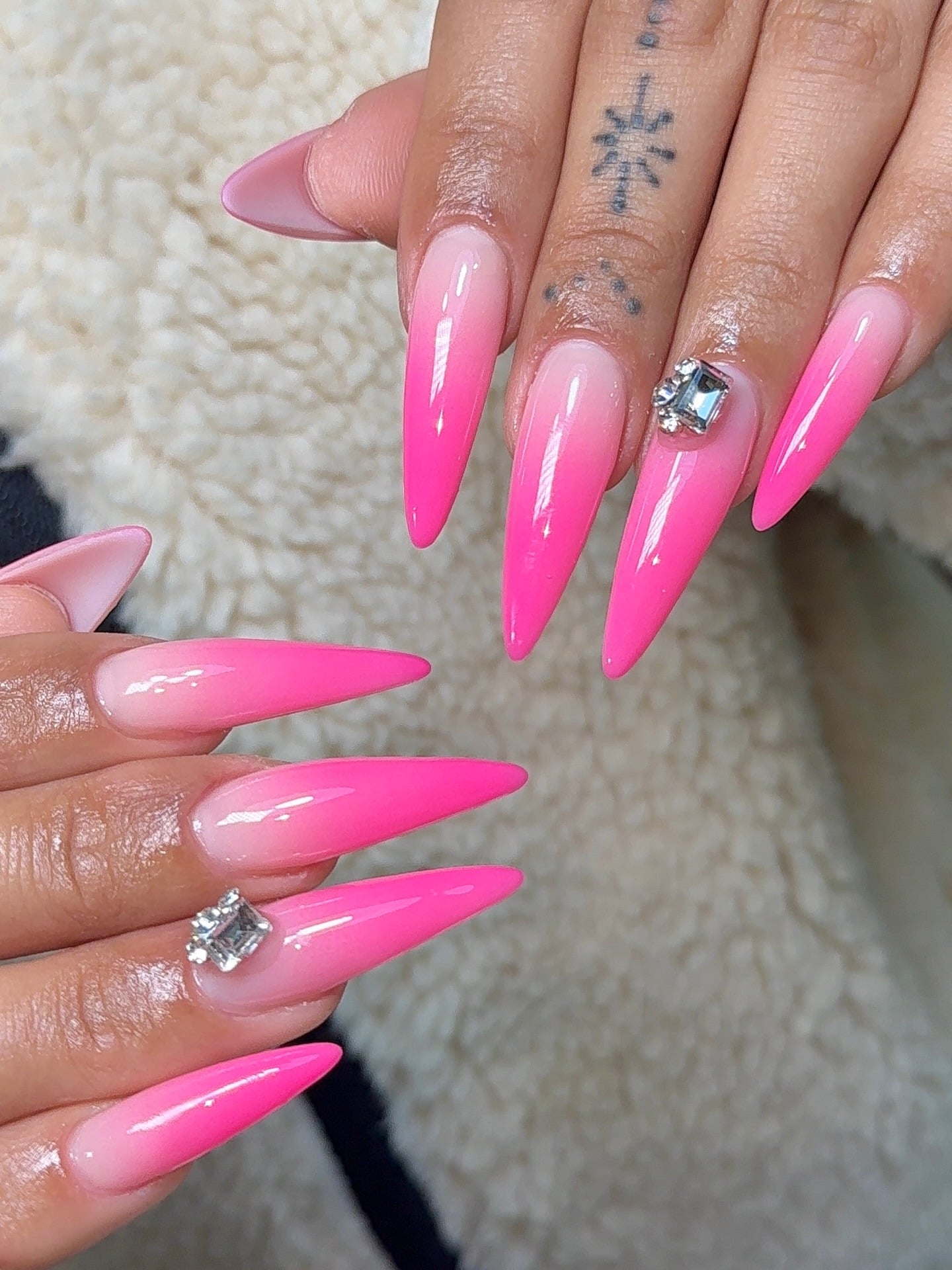14. Bright Pink Ombre Stiletto Nails with Statement Gems - hot pink nail ideas