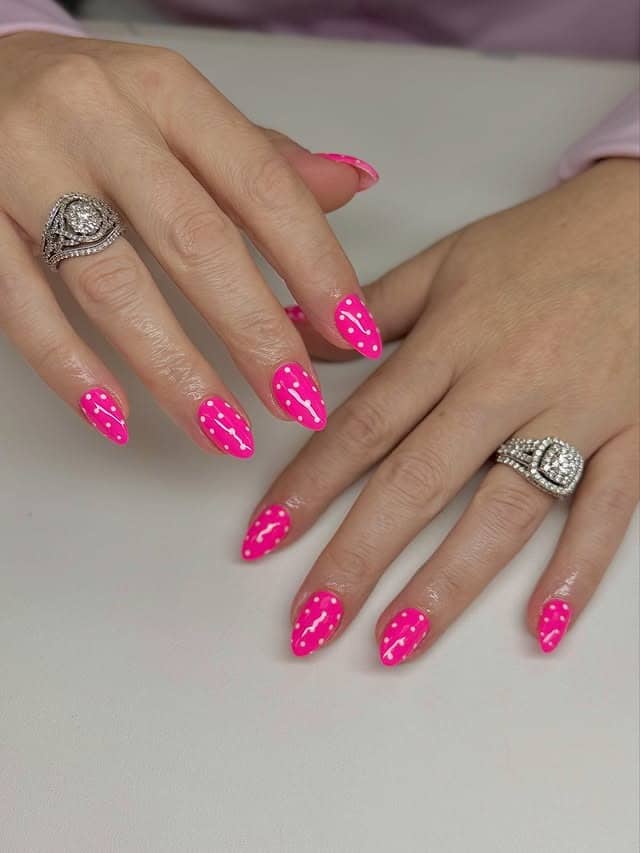 16. Hot Pink Almond Nails with White Drip Nail Art - hot pink nail ideas
