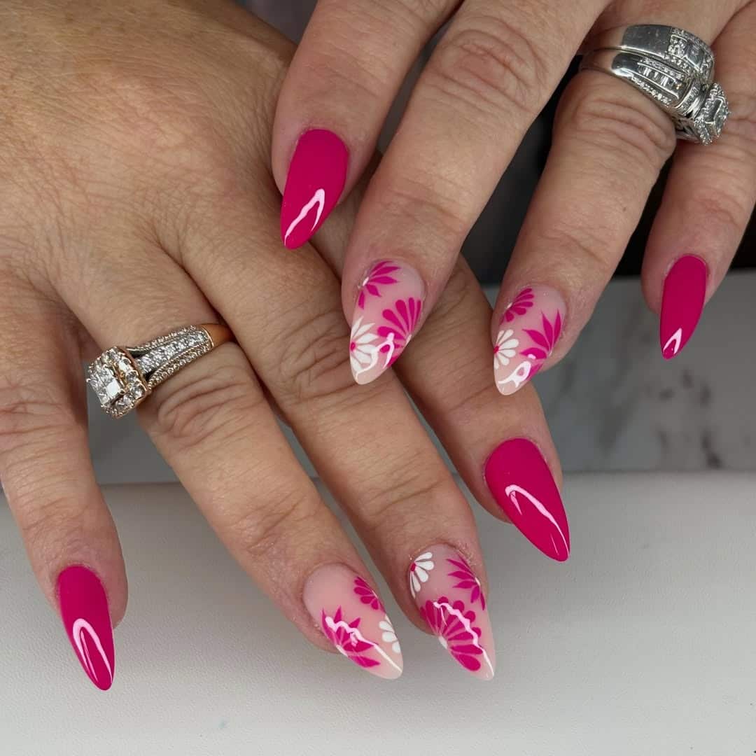 19. Floral Hot Pink Almond Nails with Sheer Accent Details - hot pink nail ideas
