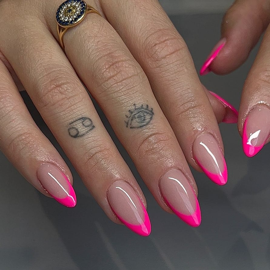 21. Neon Pink French Tip Almond Nails - hot pink nail ideas