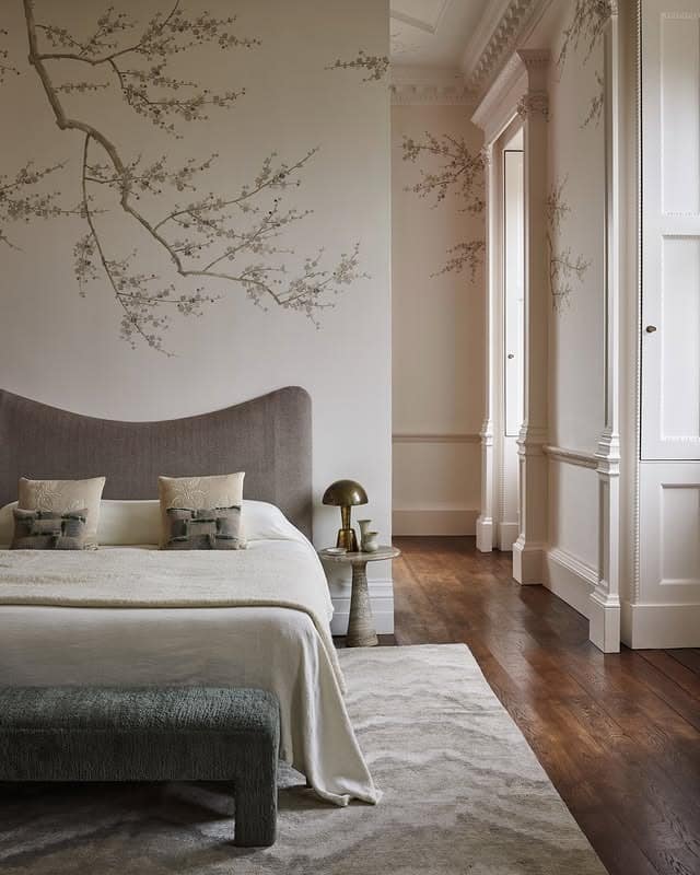 2. Soft White and Gray Bedroom with Botanical Wall Mural - white and gray bedroom ideas