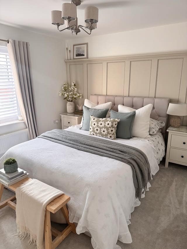3. Classic White and Gray Bedroom with Paneled Feature Wall - white and gray bedroom ideas