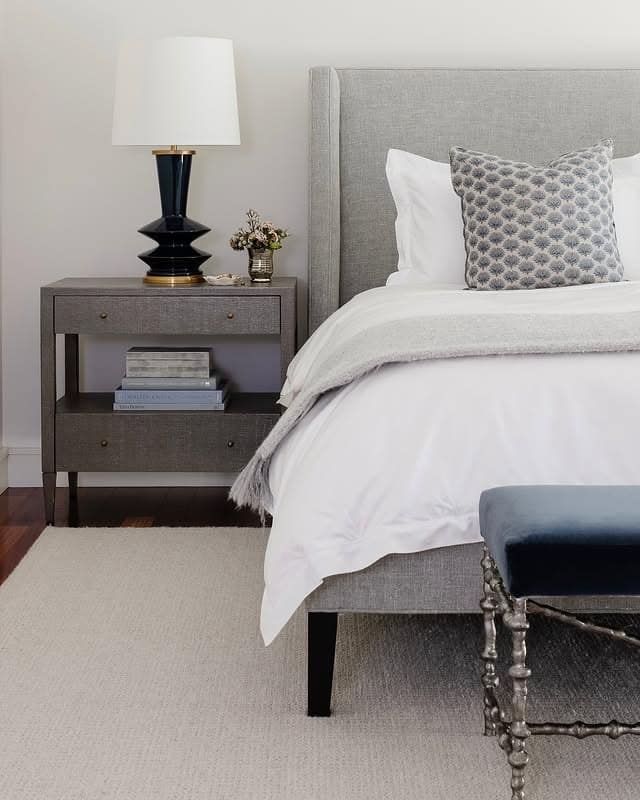 4. Tailored White and Gray Bedroom with Designer Furnishings - white and gray bedroom ideas