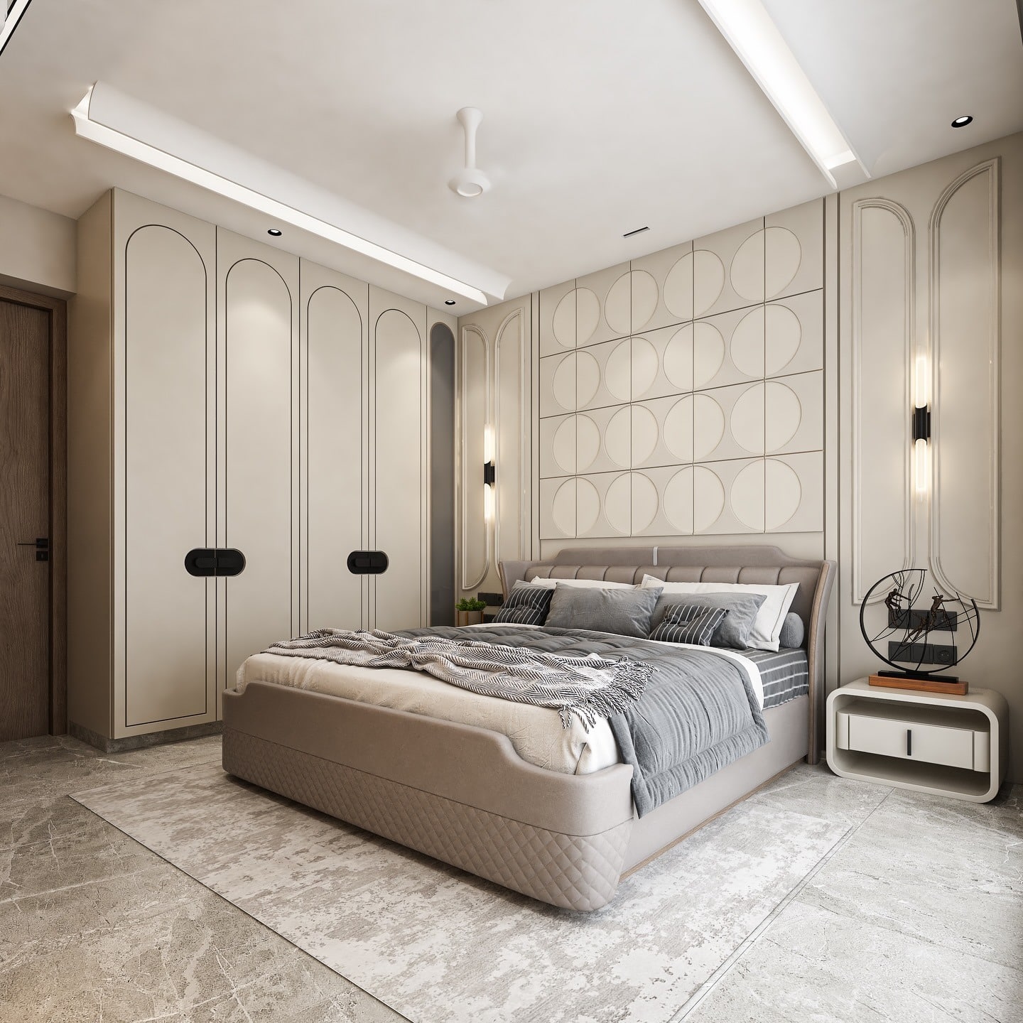 8. Luxury White and Gray Bedroom with Geometric Wall Details - white and gray bedroom ideas