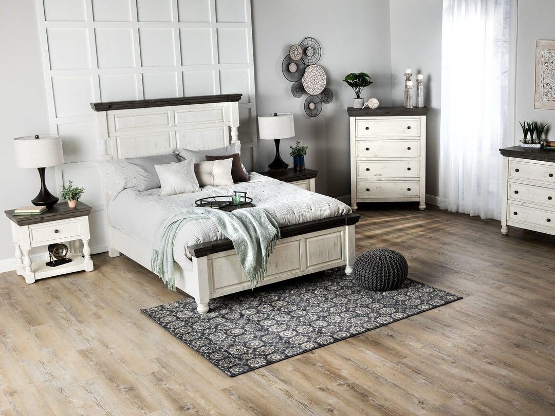 10. Farmhouse White and Gray Bedroom with Rustic Accents - white and gray bedroom ideas