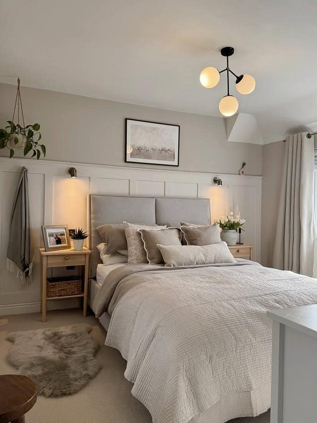 11. White and Gray Bedroom with Classic Wall Paneling and Soft Neutrals - white and gray bedroom ideas