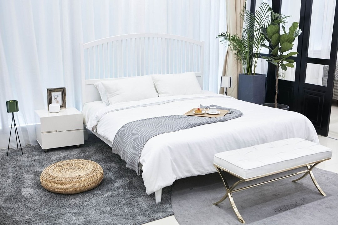 13. Bright White and Gray Bedroom with Minimalist Styling - white and gray bedroom ideas