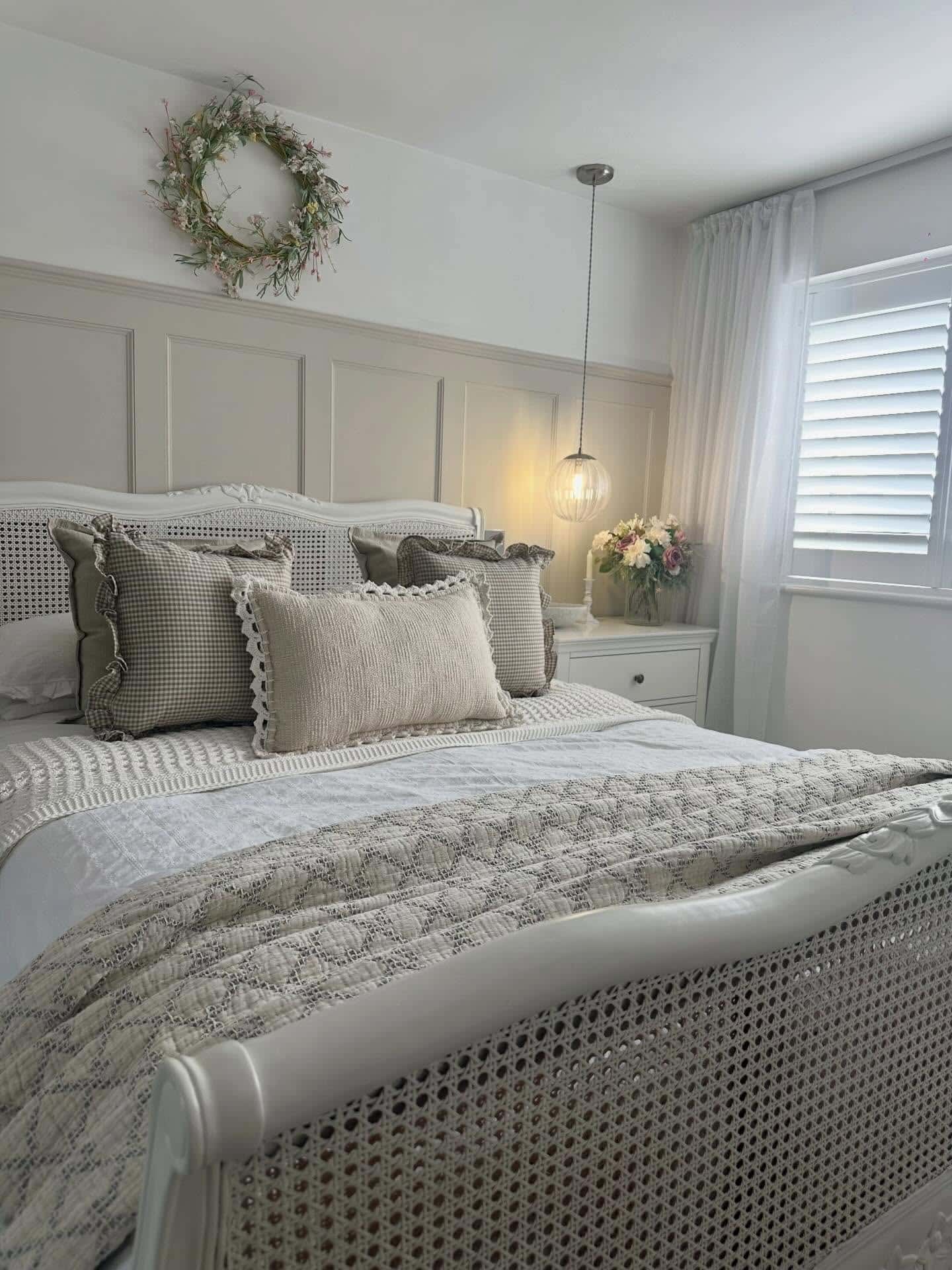 14. Cottage-Inspired White and Gray Bedroom with Cane Details - white and gray bedroom ideas