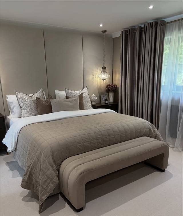 15. Elegant White and Gray Bedroom with Taupe Accents - white and gray bedroom ideas