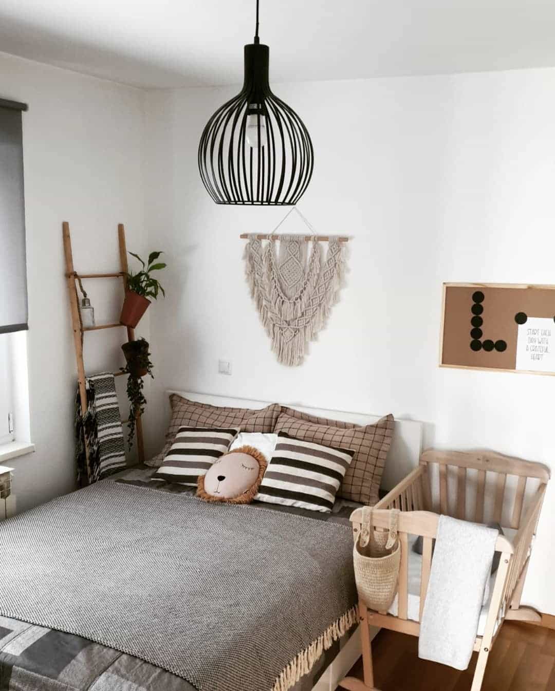 17. White and Gray Boho Bedroom with Natural Wood Elements - white and gray bedroom ideas