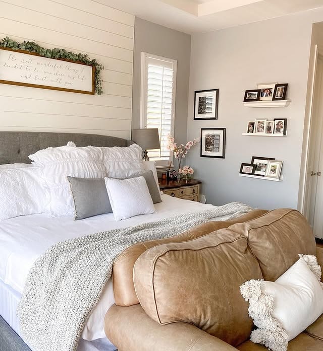 18. Farmhouse White and Gray Bedroom with Cozy Leather Accents - white and gray bedroom ideas