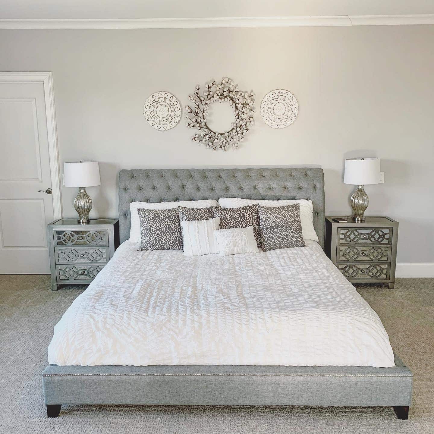 22. Elegant White and Gray Bedroom with Tufted Upholstered Bed - white and gray bedroom ideas