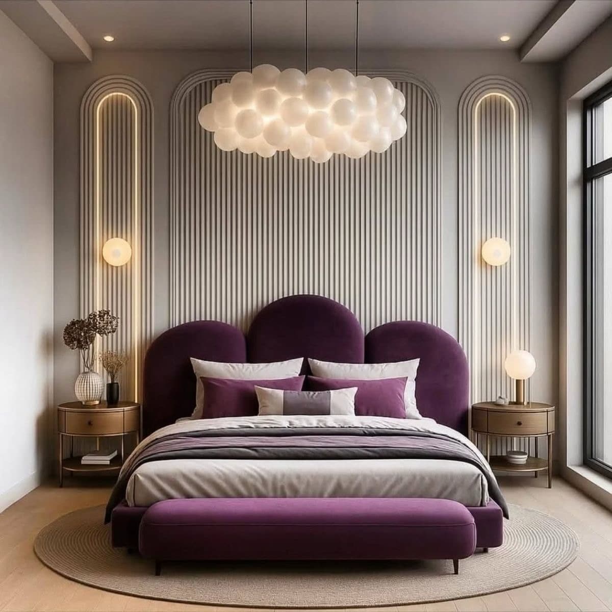 5. Modern Purple Accent Bedroom with Sculptural Details - pink and purple bedroom ideas