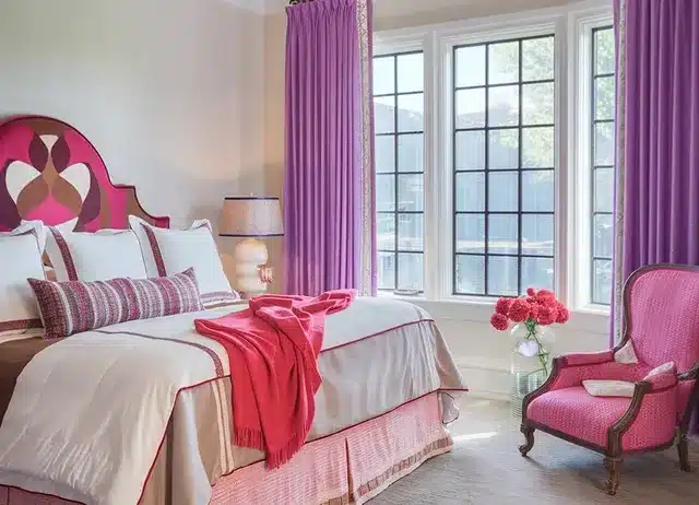 7. Pink and White Classic Bedroom with Statement Curtains - pink and purple bedroom ideas