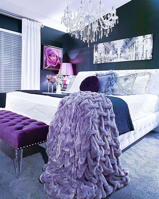 12. Purple Glam Bedroom with Black Accent Walls - pink and purple bedroom ideas
