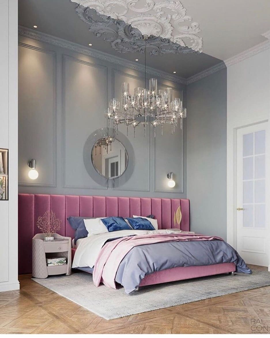 13. Pink and Gray Luxury Bedroom with Velvet Headboard - pink and purple bedroom ideas