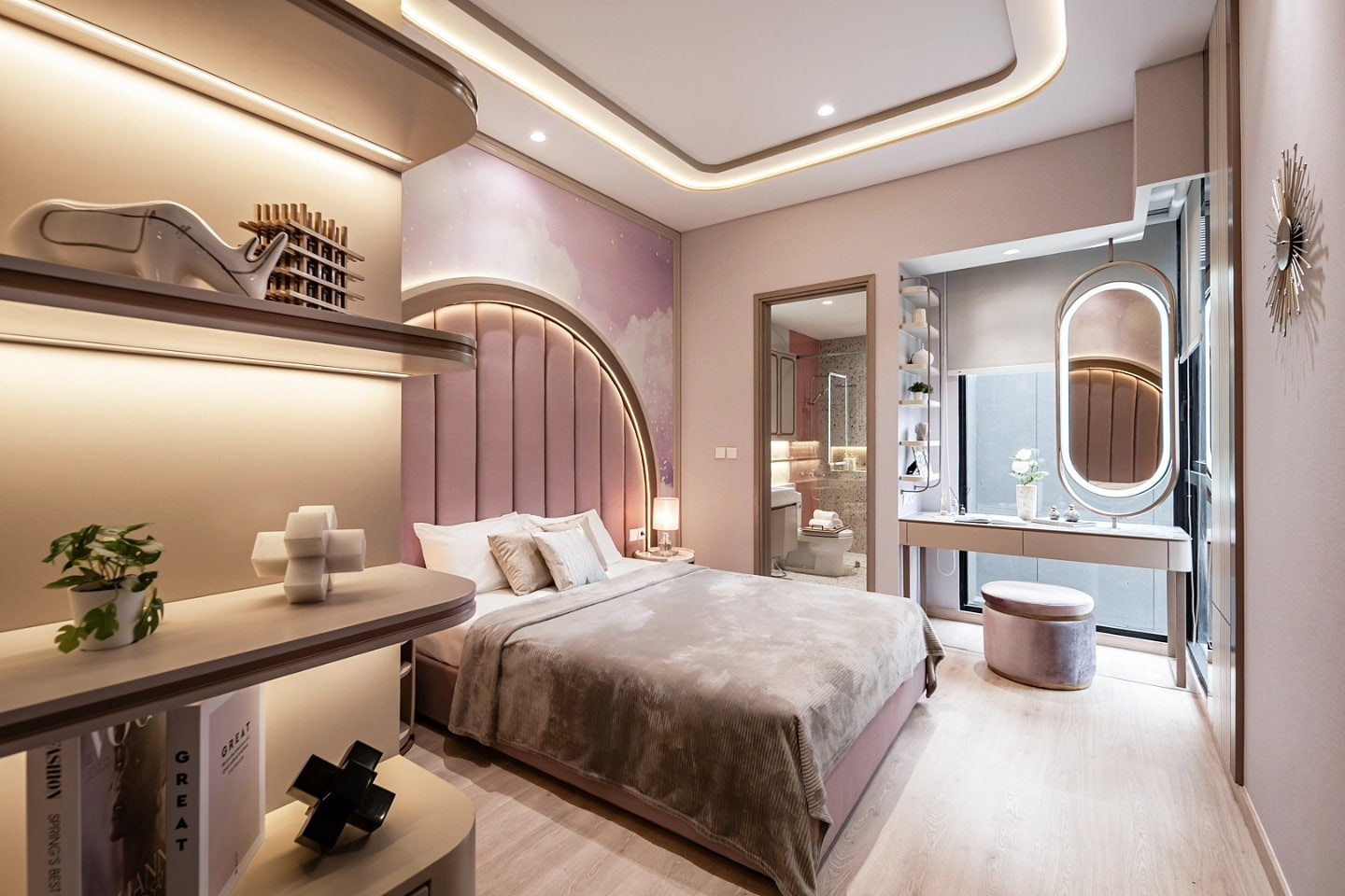 15. Blush Pink Modern Bedroom with Curved Headboard Feature - pink and purple bedroom ideas