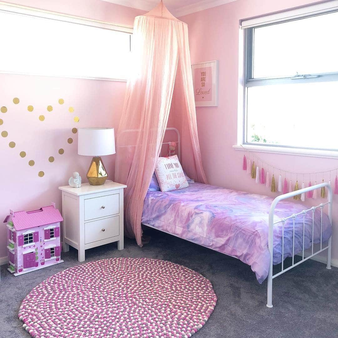 17. Pastel Pink Canopy Bedroom with Lavender Bedding - pink and purple bedroom ideas