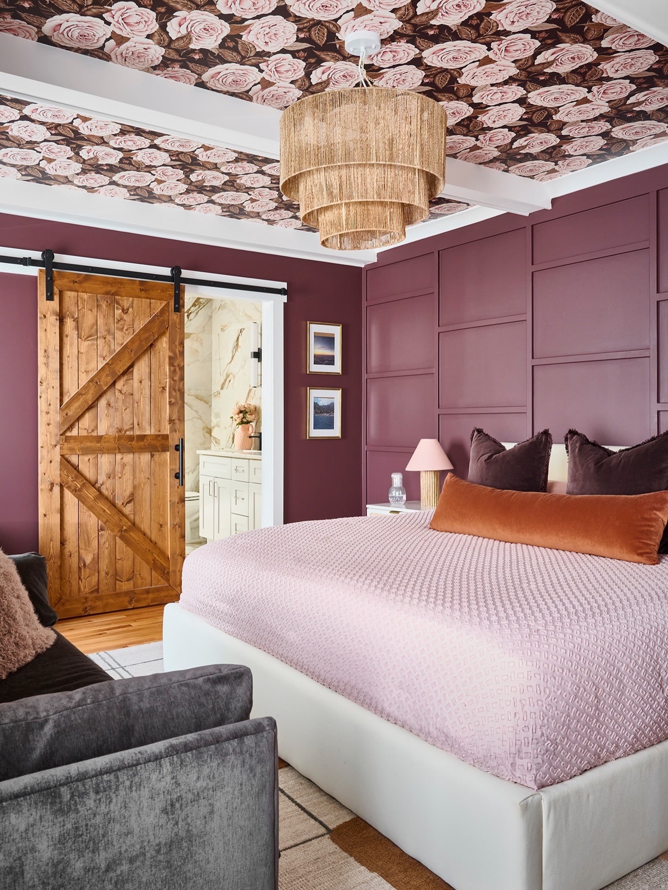 19. Mauve and Dusty Rose Bedroom with Floral Ceiling Wallpaper - pink and purple bedroom ideas
