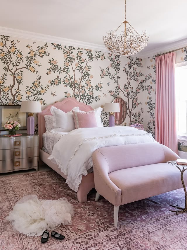 20. Blush Pink Botanical Bedroom with Elegant Wallpaper - pink and purple bedroom ideas
