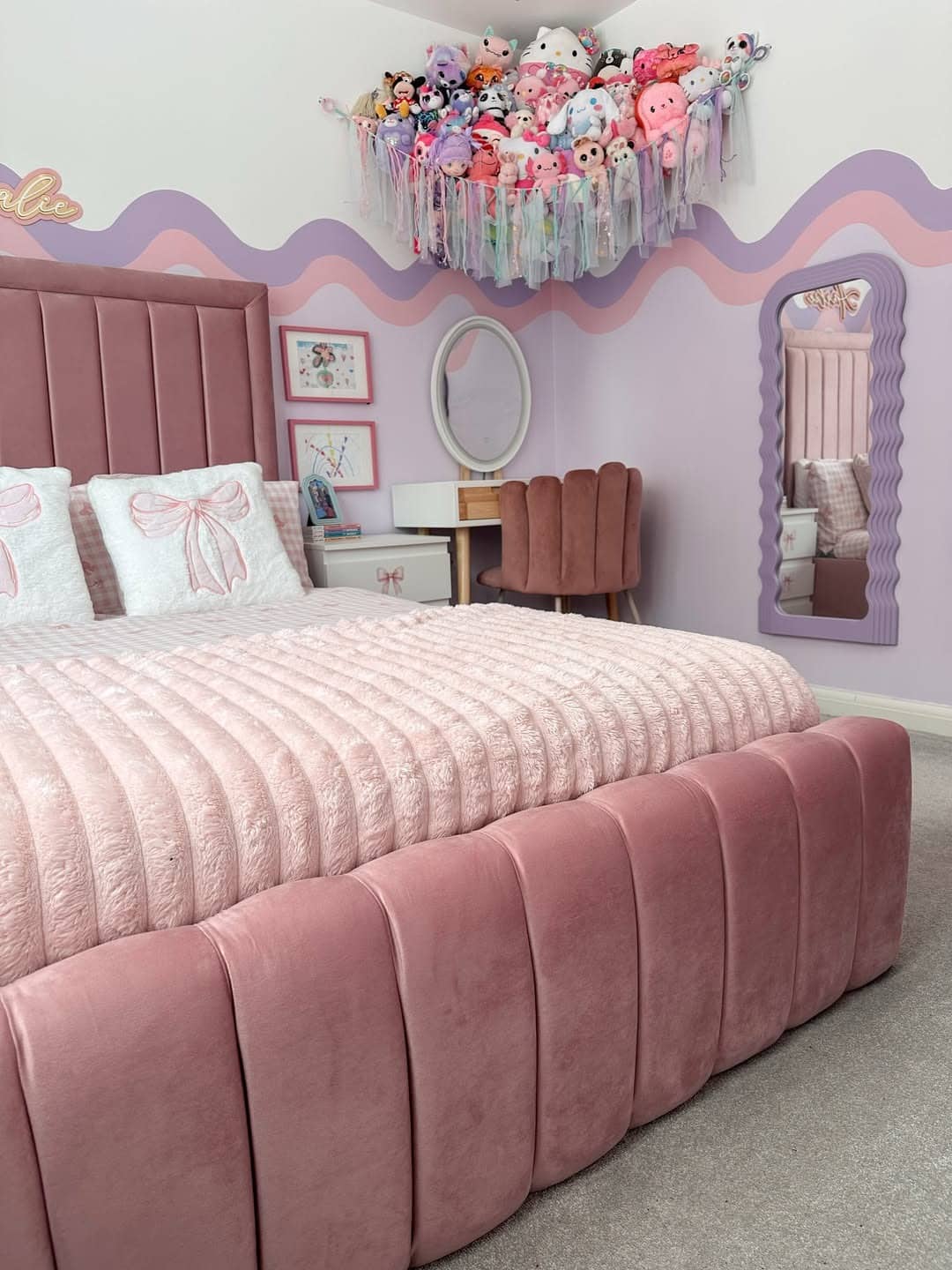 21. Blush Pink and Lavender Whimsical Bedroom with Velvet Furniture - pink and purple bedroom ideas