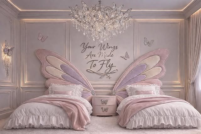 22. Pink and Lavender Butterfly-Themed Twin Bedroom Design - pink and purple bedroom ideas