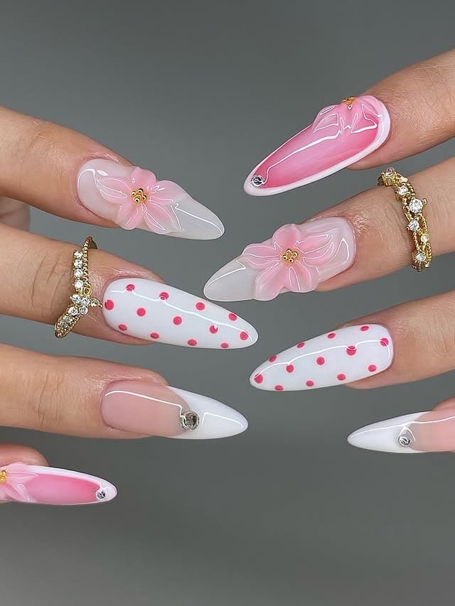 1. Pink Blossom & White Polka Dot Almond Nails - pink and white nail ideas