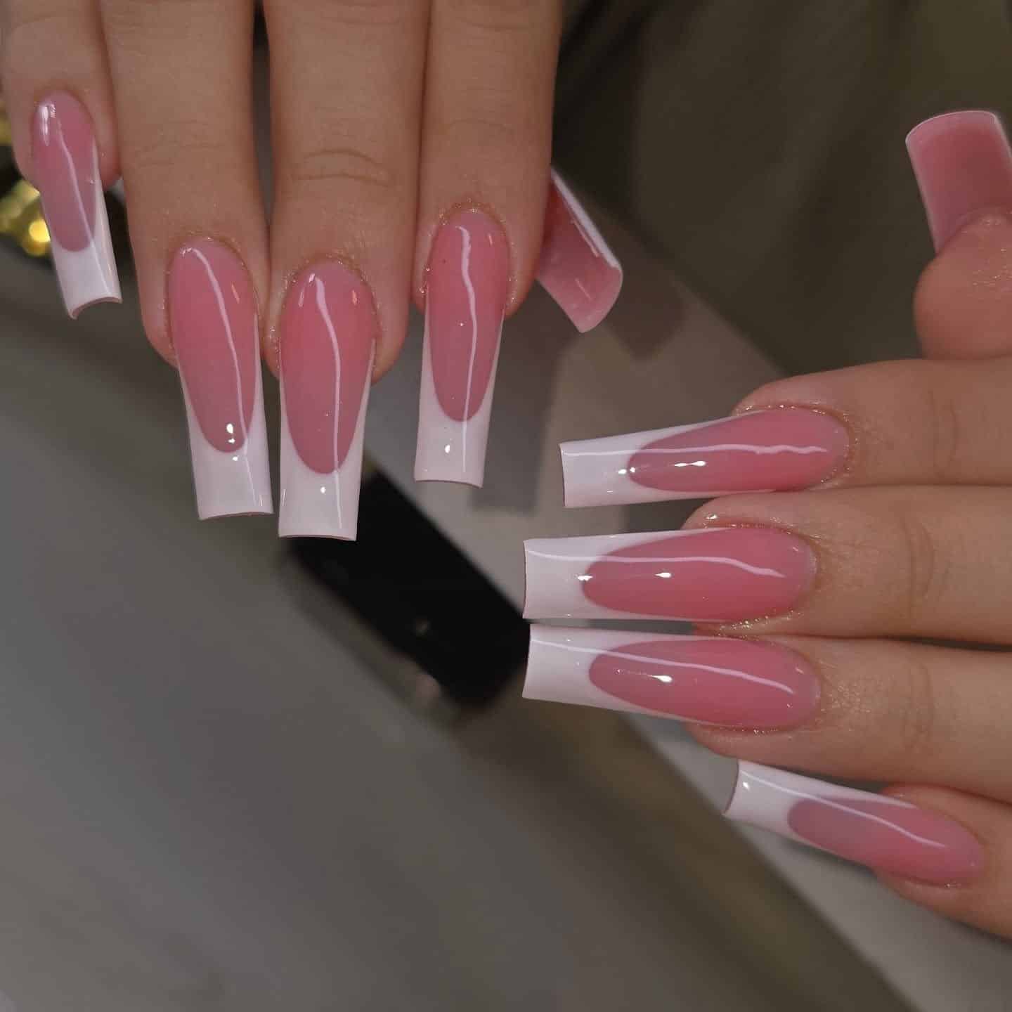 3. Glossy Pink French Fade Coffin Nails - pink and white nail ideas