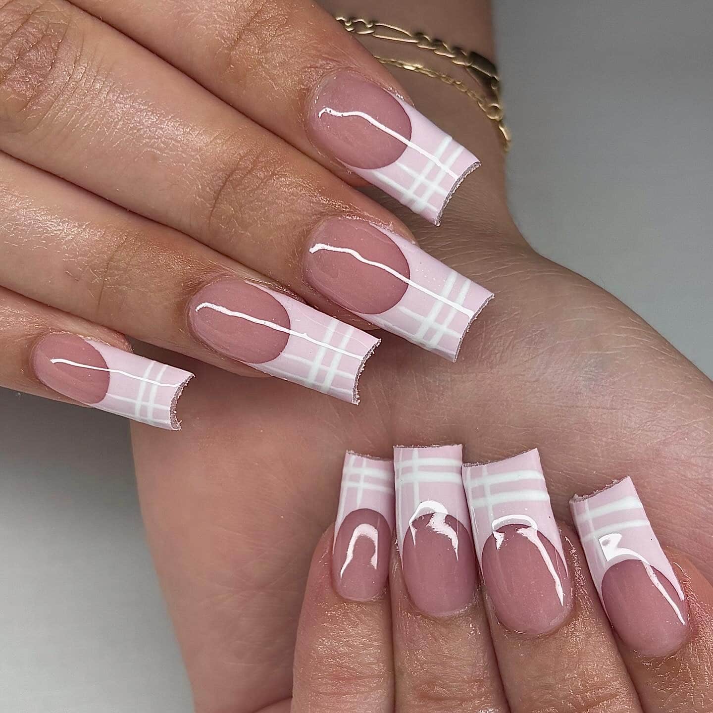 4. Soft Pink Plaid French Tip Square Nails - pink and white nail ideas