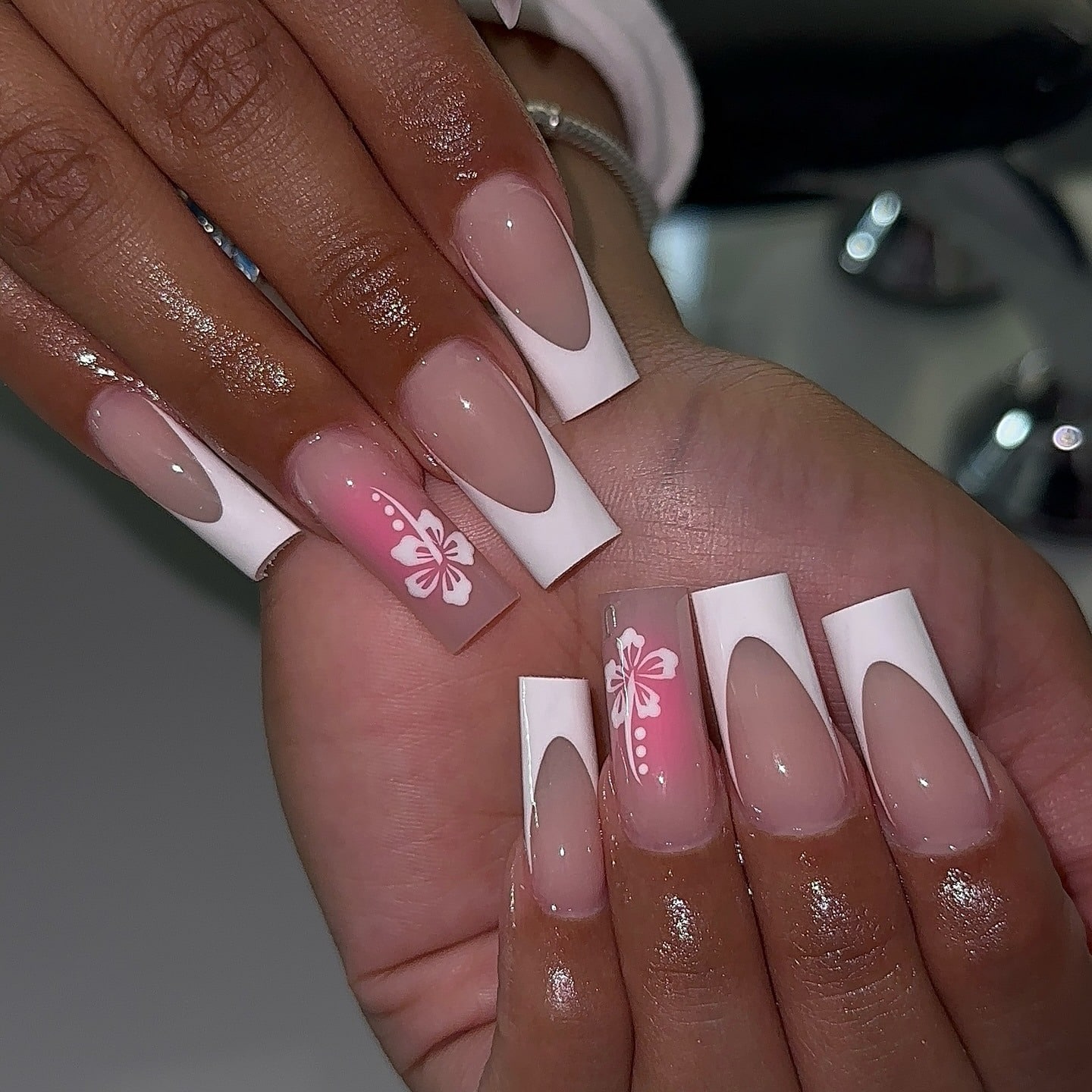 6. Pink Ombre Floral French Coffin Nails - pink and white nail ideas