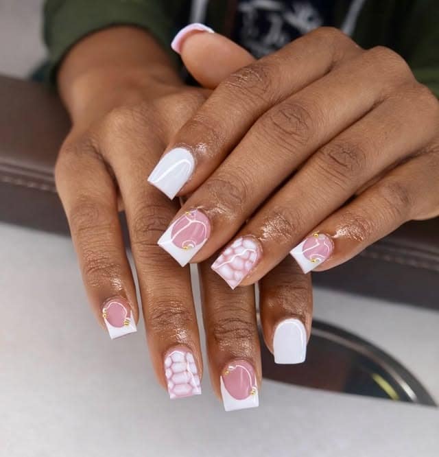 7. White Swirl & Pink Heart Accent Square Nails - pink and white nail ideas