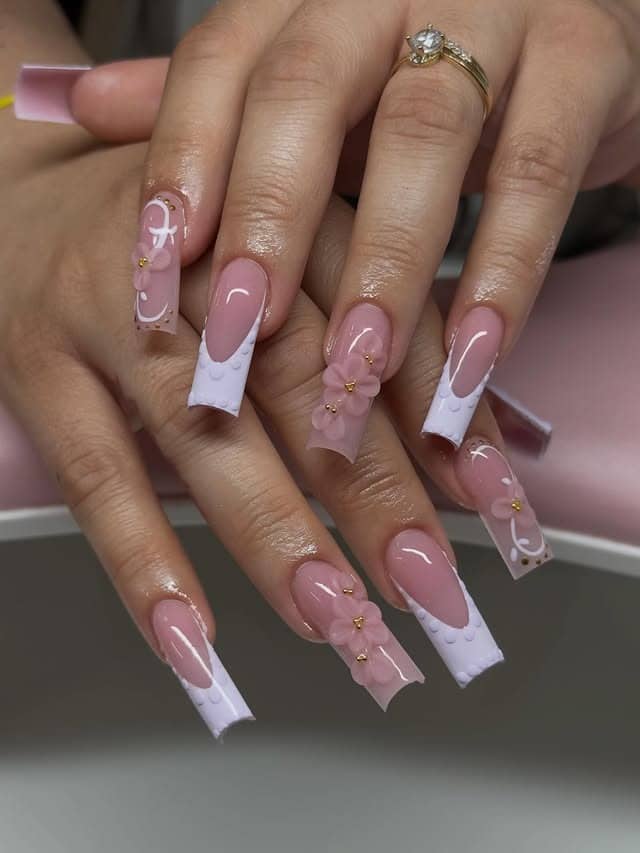9. 3D Pink Flower French Tip Square Nails - pink and white nail ideas