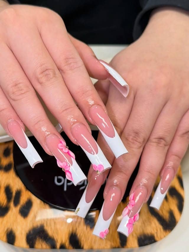10. Long White French Tip Pink Floral Coffin Nails - pink and white nail ideas