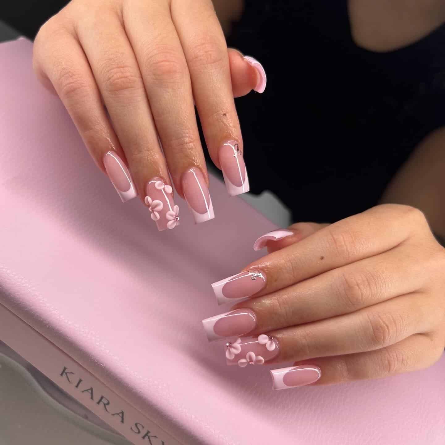 11. Soft Pink Floral French Tip Square Nails - pink and white nail ideas