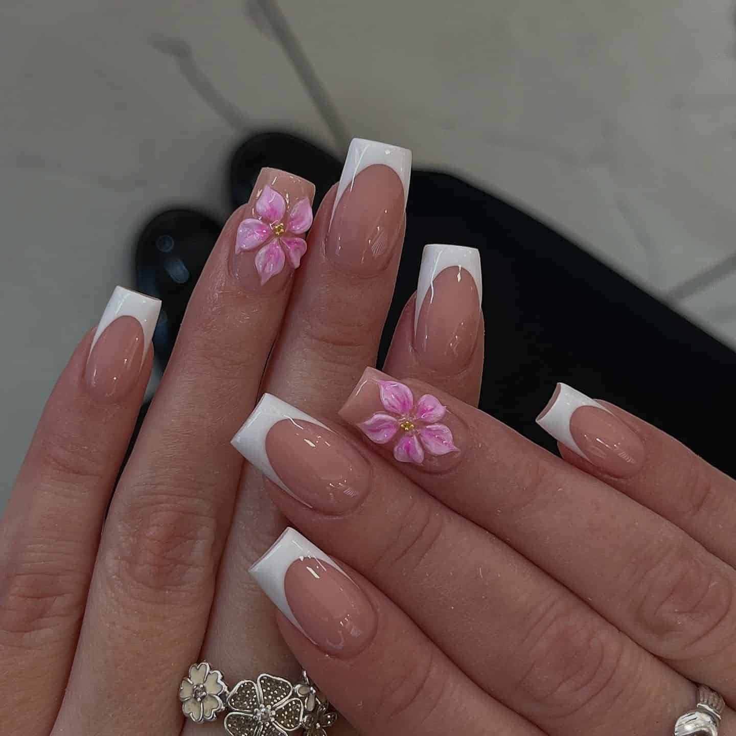 12. Pink Blossom French Tip Square Nails - pink and white nail ideas