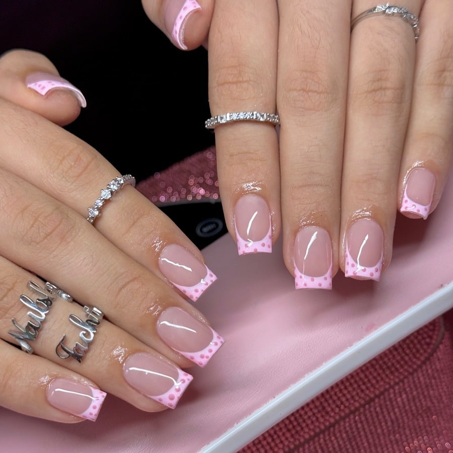 13. Pink Polka Dot French Tip Short Square Nails - pink and white nail ideas
