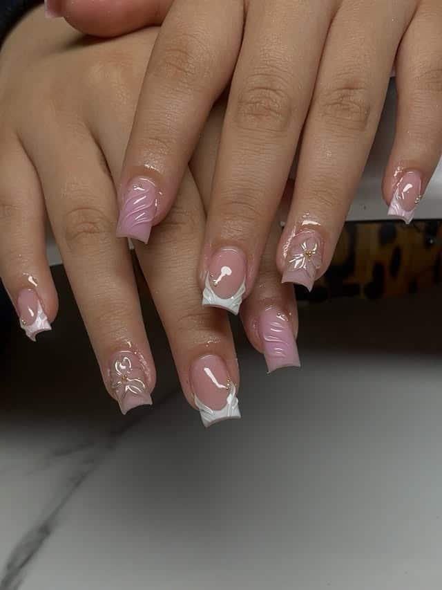 14. Textured Pink Floral French Nails - pink and white nail ideas