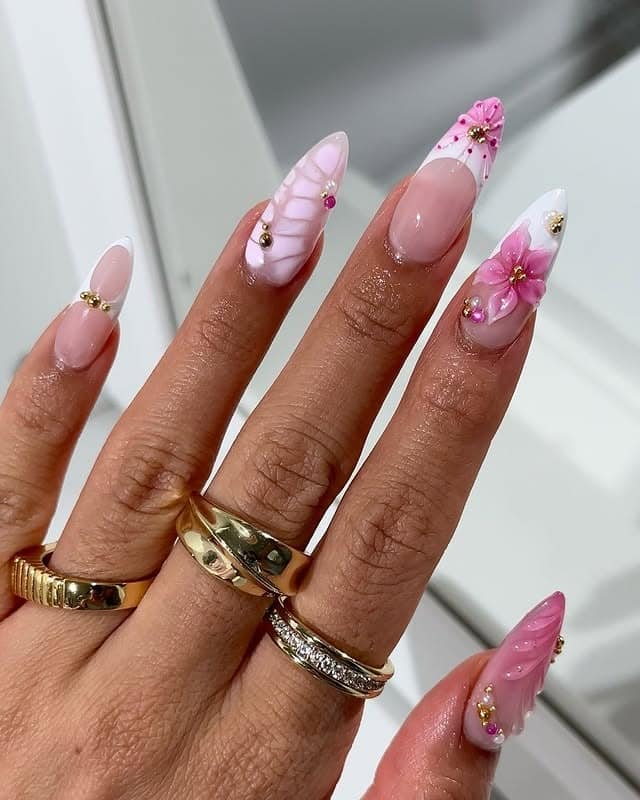 15. Pink Floral Almond French Nails with Gold Accents - pink and white nail ideas